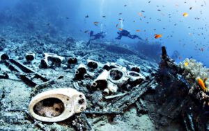 Divers enjoy at the Red sea in Egypt...epa04857825 Divers swim above toilets from a wreck near the Yolanda Reef at Ras Mohammad, close to Sharm El Sheikh, Egypt, 23 July 2015. The famous dive site of the Ras Mohammed National Park contains the remains of the 'Yolanda' wreck, which sank in the 1970s, leaving toilets and bath tubs on the sea bed.  EPA/SERGEY DOLZHENKO